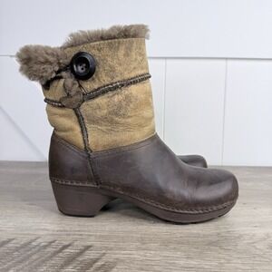 Dansko Stormy Shearling Boots Womens Sz 7 Brown Leather Real Fur Lined Fold Over